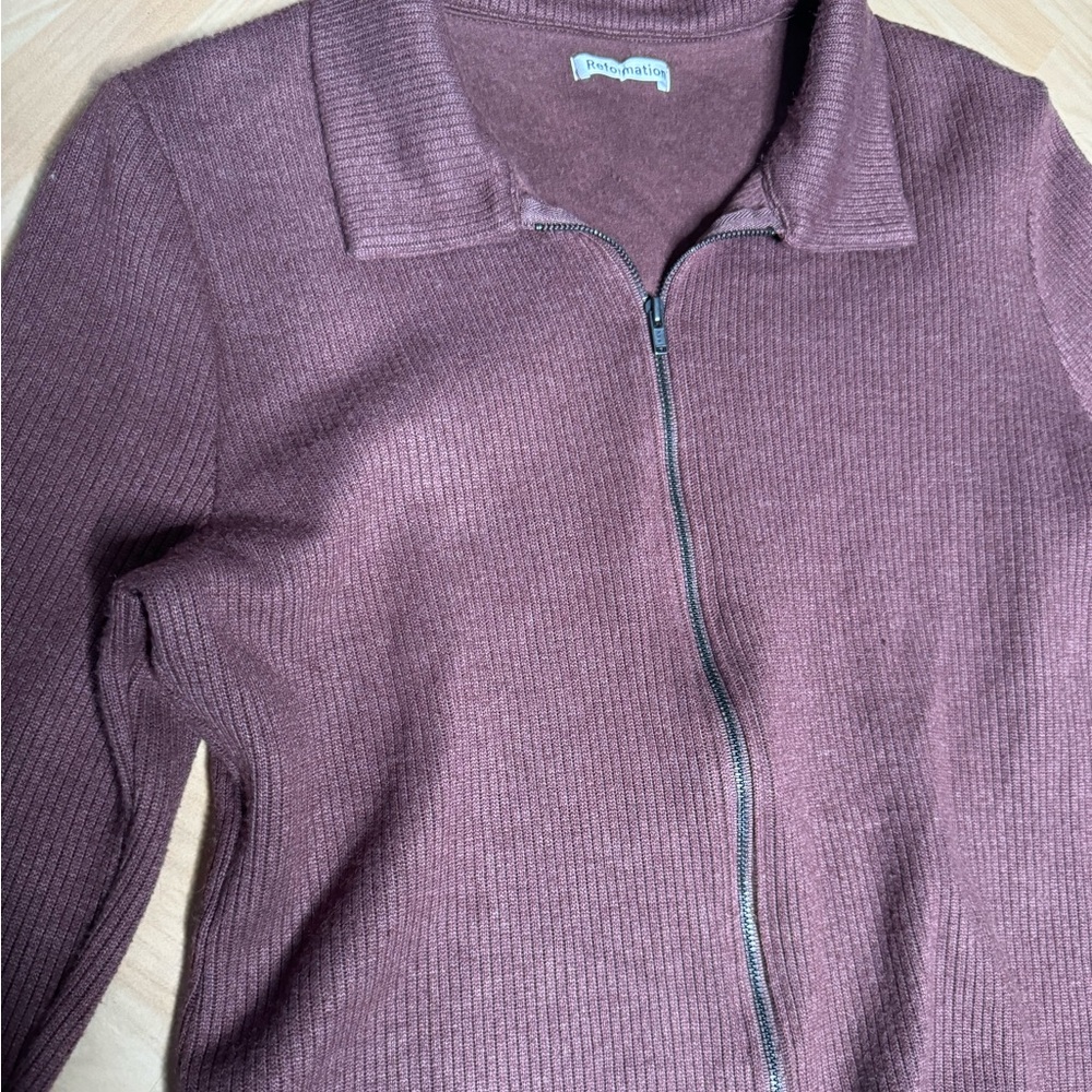 Reformation women’s dark brown rib zip up knit crop up sweater cardigan L - Picture 6 of 9